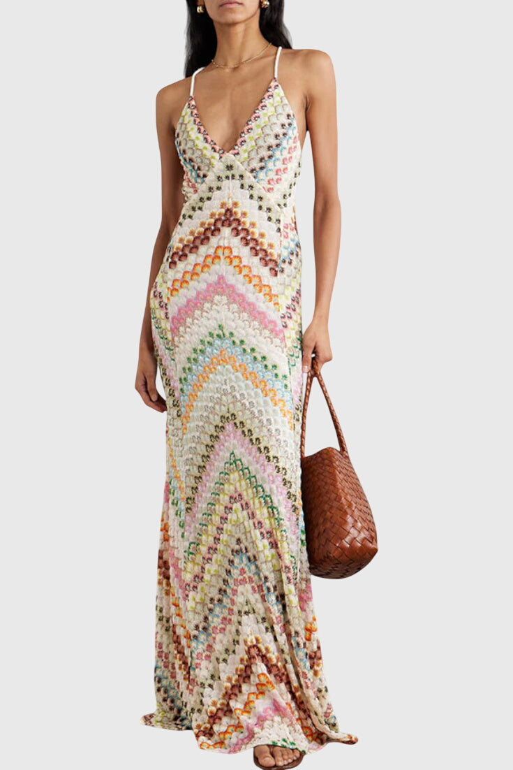 שמלת אגוסטינה ארוכה עם תחרה וסקוט V ודוגמת זיגזג