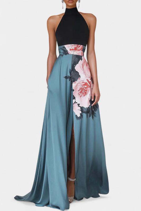 רדמילה שמלת A-Line עם גוף שחור וחצאית פרחונית בניגוד