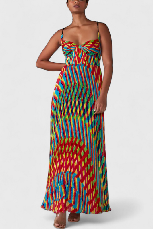 ג'ניס שמלת מקסי עם הדפס אמנותי וחשיפת חזה בסגנון הלטר