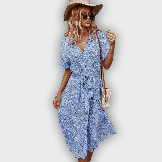 שמלת קיץ מידי קז'ואל עם מותן מתכווננת ועיצוב פרחים