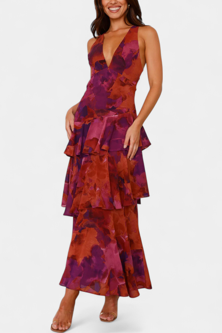 דומניקה שמלת גזה עם מחשוף V ושכבות רפויות