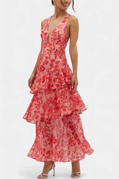 דומניקה שמלת גזה עם מחשוף V ושכבות רפויות