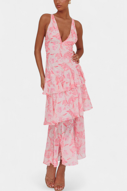 דומניקה שמלת גזה עם מחשוף V ושכבות רפויות